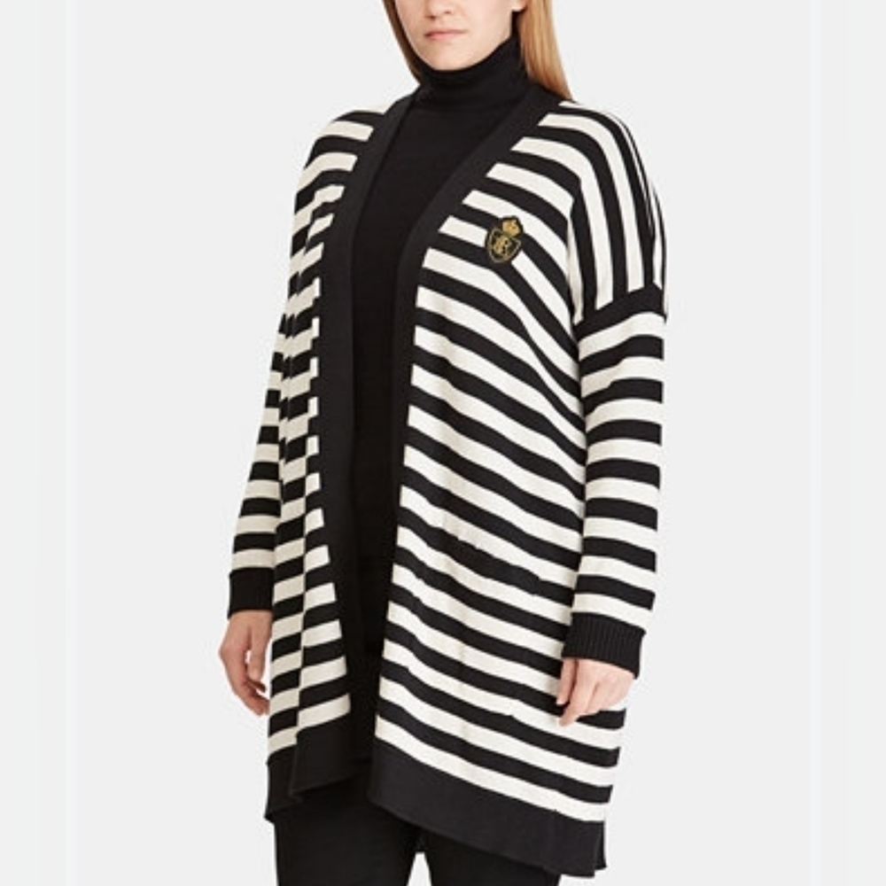 Lauren RALPH LAUREN Striped Embroidered-Patch Cardigan, Size M